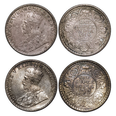 George V, Silver, Rupee, (2 coins), 1918, 1) Calcutta Mint, No dot, 2) Bombay Mint, Dot. G
