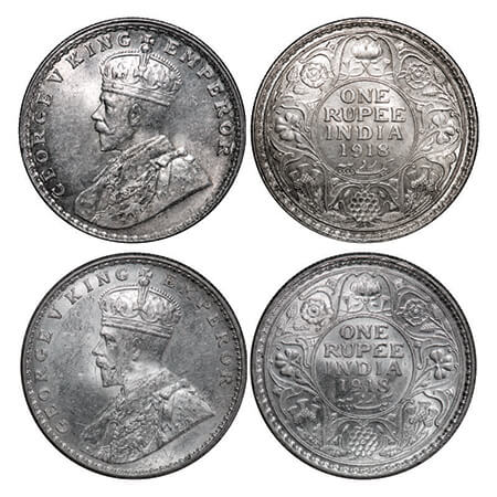 George V, Silver, Rupee, (2 coins), 1918, 1) Calcutta Mint, No dot, 2) Bombay Mint, Dot. G