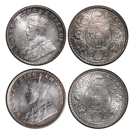 George V, Silver, Rupee, (2 coins), 1919, 1) Bombay Mint, Dot, 2) Calcutta Mint, No dot. G