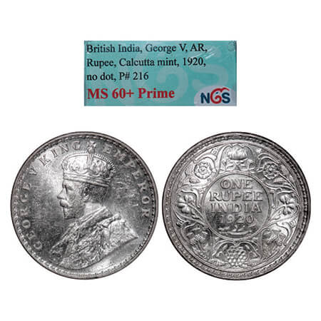 George V, Silver, Rupee,1920, Calcutta Mint, No dot. GK 1041. NGS Slabbed MS 60+ Prime. Ve