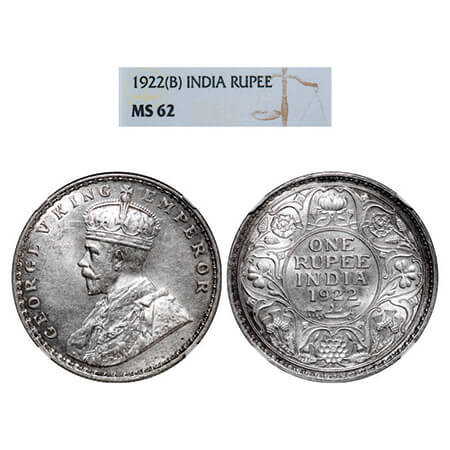 George V, Silver, Rupee,1922, Bombay Mint, Dot. GK 1044. NGC Slabbed MS 62. Very Rare.