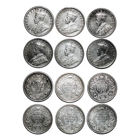 George V, Silver, Half Rupee, (Lot of 6 coins), 1) 1912, Calcutta Mint, No dot, 2) 1917, B