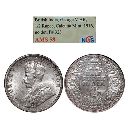 George V, Silver, Half Rupee, 1916, Calcutta Mint, No dot. GK 1053. NGS Slabbed AMS 58. Ve