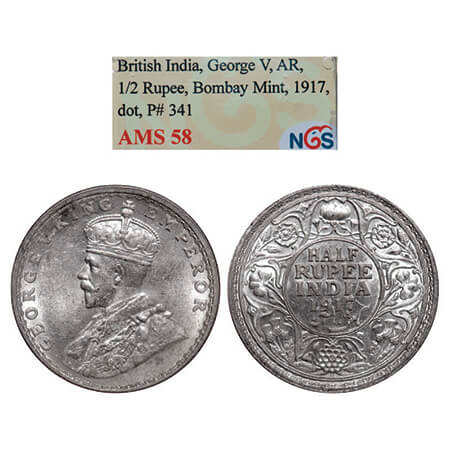 George V, Silver, Half Rupee, 1917, Bombay Mint, Dot. GK 1055. NGS Slabbed AMS 58. Very sc