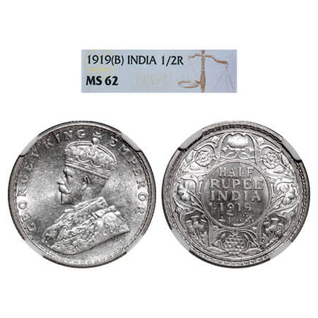 George V, Silver, Half Rupee,1919, Bombay Mint, Dot. GK1057. NGC Slabbed MS 62. Rare.