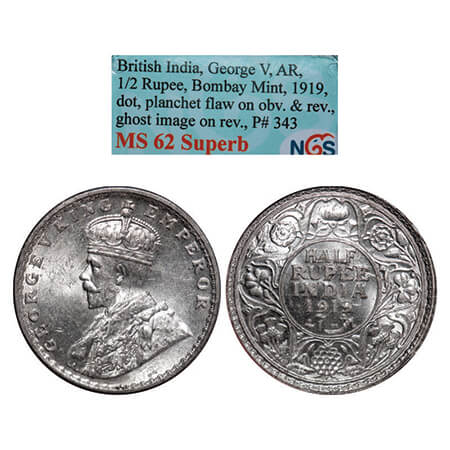 George V, Silver, Half Rupee, 1919, Bombay Mint, Dot, Planchet flaw on Obv and rev, Ghost 