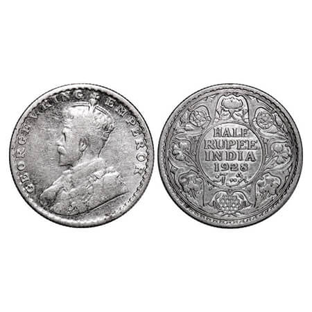 George V, Silver, Half Rupee, 1928, Bombay Mint, Dot. GK 1070. Fine, Cleaned. Scarce.
