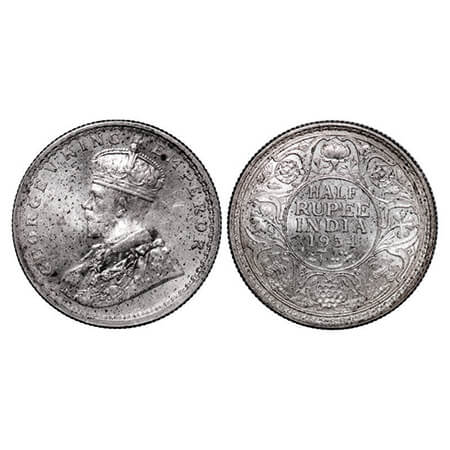 George V, Silver, Half Rupee, 1934, Calcutta Mint, No dot. GK 1074. Uncirculated. Scarce.