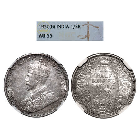 George V, Silver, Half Rupee,1936, Bombay Mint, Dot. GK1076. NGC Slabbed AU 55. Scarce.