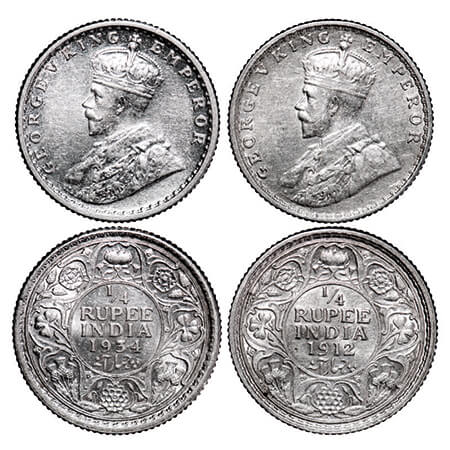 George V, Silver, 1/4 Rupee, (2 coins), 1) 1912, Bombay Mint, Dot, 2) 1934, Calcutta Mint,