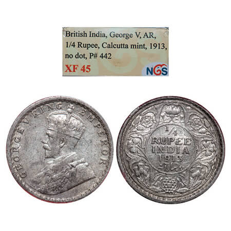 George V, Silver, 1/4 Rupee,1913, Calcutta Mint, No dot. GK 1083. NGS Slabbed XF 45. Scarc