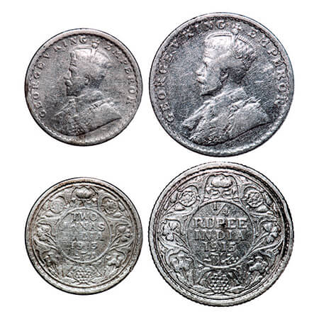George V, Silver, (2 coins), 1) 1/4 Rupee, 1915, Bombay Mint, Dot, 2) 2 Annas, 1913, Bomba
