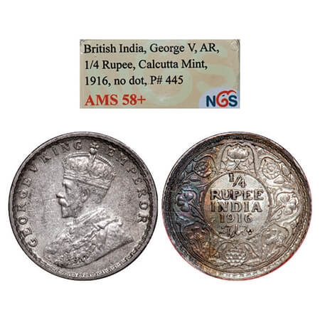 George V, Silver, 1/4 Rupee, 1916, Calcutta Mint, No dot. GK 1089. NGS Slabbed AMS 58+. Ve