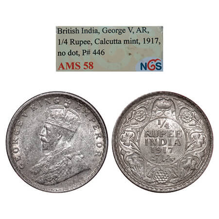 George V, Silver, 1/4 Rupee,1917,Calcutta Mint, No dot. GK 1090. NGS Slabbed AMS 58+. Very