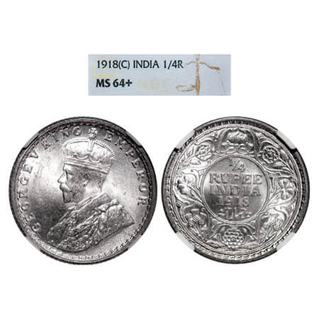 George V, Silver, 1/4 Rupee, 1918, Calcutta Mint, No dot. GK 1091. NGC Slabbed MS 64+. Ver