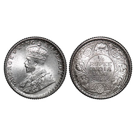 George V, Silver, 1/4 Rupee, 1930, Calcutta Mint, No dot. GK1097. Uncirculated. Very Scarc