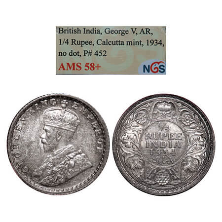 George V, Silver, 1/4 Rupee, 1934, Calcutta Mint, No dot. GK 1098. NGS Slabbed AMS 58+. Ve