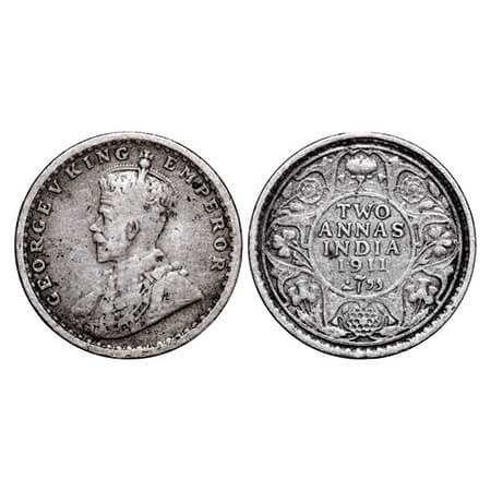 George V, Silver, 2 Annas, 1911, Calcutta Mint, No dot, Pig-Type. GK 1107.Fine+. Scarce.