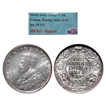 George V, Silver, 2 Annas, 1914, Bombay Mint, Dot. GK1113. NGS Slabbed MS 62+ Superb. Rare