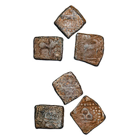 Western Kshatrapas, Rudrasena III Lead Unit (3 coins), Obv: Humped Bull to right with dott