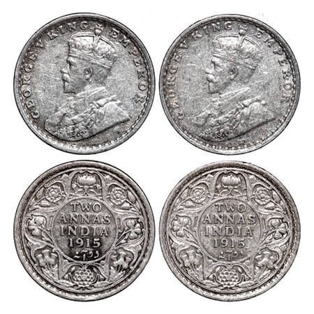 George V, Silver, 2 Annas, (2 coins), 1915, Bombay Mint, Dot. GK 1115. Very Fine+ to Extre