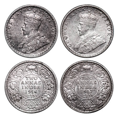 George V, Silver, 2 Annas, (2 coins), 1916, 1917, Calcutta Mint, No dot. GK 1116, 1117. Ex
