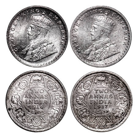 George V, Silver, 2 Annas, (2 coins), 1916 & 1917, Calcutta mint, No dot. GK 1116, 1117. A