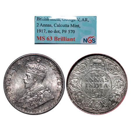 George V, Silver, 2 Annas,1917, Calcutta Mint, No dot. GK1117. NGS Slabbed MS 63 Brilliant