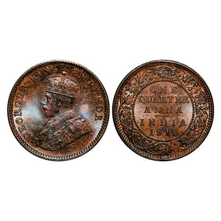 George V, Bronze, Quarter Anna, 1911, Calcutta Mint, No dot, Pig-type, Error, Cud error on