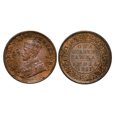George V, Bronze, Quarter Anna, 1911, Calcutta Mint, No dot, Pig-type. GK 1171. Extremely 