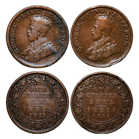 George V, Bronze, Quarter Anna, (2 coins), 1911 & 1916, Calcutta mint, No dot. GK 1171, 11