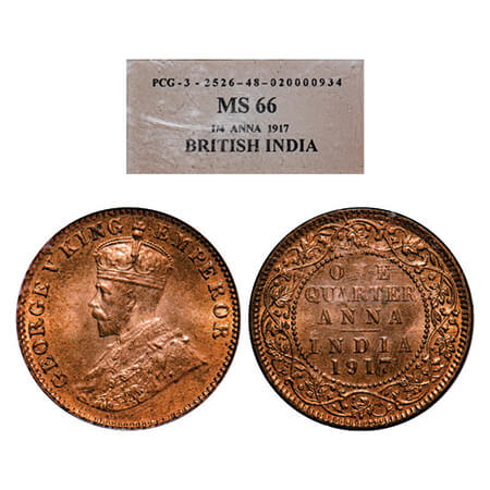 George V, Bronze, Quarter Anna, 1917, Calcutta mint, No dot. GK1176. PCG Slabbed MS 66. Ve