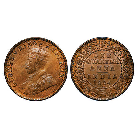 George V, Bronze, Quarter Anna, 1924, Bombay Mint, Dot. GK 1180. Uncirculated. Scarce.