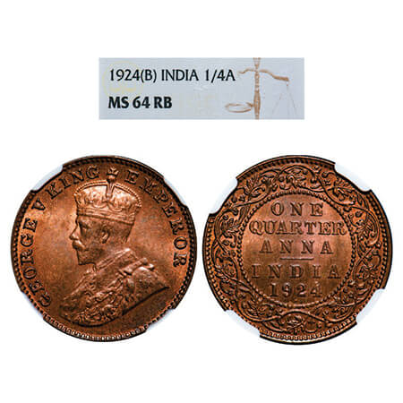 George V, Bronze, Quarter Anna, 1924, Bombay Mint, Dot. GK 1180. NGC Slabbed MS 64 RB. Rar