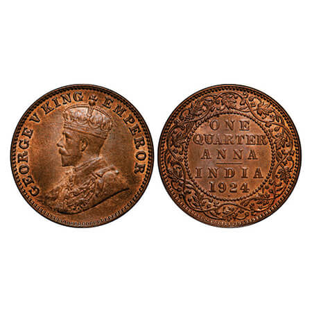 George V, Bronze, Quarter Anna, 1924, Bombay Mint, Dot. GK 1180. Uncirculated. Very Scarce