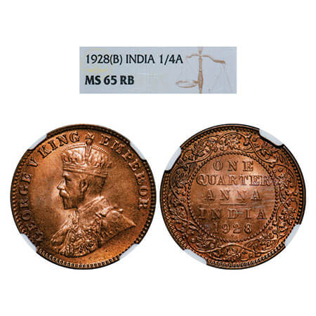 George V, Bronze, Quarter Anna, 1928, Bombay Mint, Dot. GK 1187. NGC Slabbed MS 65 RB. Rar