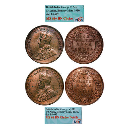 George V, Bronze, Quarter Anna, (2 slabs), 1930, Bombay Mint, Dot, 1) Normal numeral date,