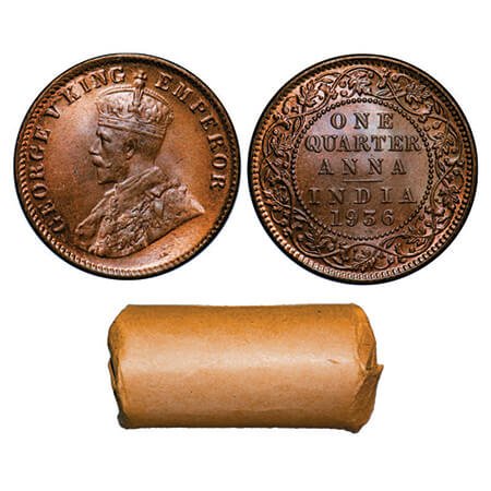 George V, Bronze, Quarter Anna, 1936, Calcutta Mint, No dot. Roll of 32 coins in brown pap