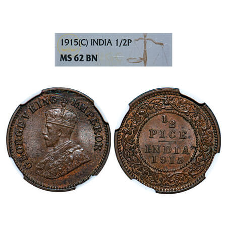 George V, Bronze, 1/2 Pice, 1915, Calcutta Mint, No mint mark. GK 1201. NGC Slabbed MS 62 