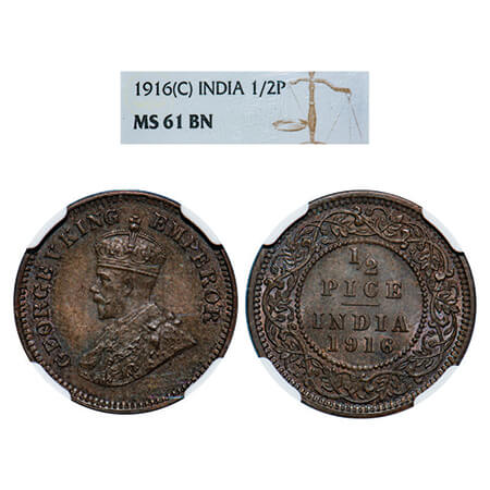 George V, Bronze, 1/2 Pice, 1916, Calcutta Mint, No mint mark. GK 1202. NGC Slabbed MS 61