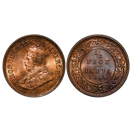 George V, Bronze, 1/2 Pice, 1916, Calcutta Mint, No mint mark. GK 1202. Uncirculated. Scar