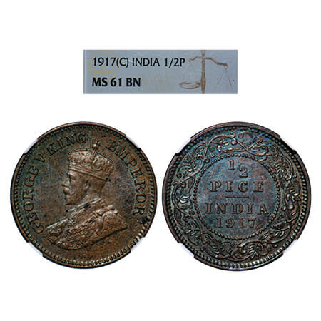 George V, Bronze, 1/2 Pice, 1917, Calcutta Mint, No mint mark. GK 1203. NGC Slabbed MS 61 
