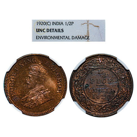 George V, Bronze, 1/2 Pice, 1920, Calcutta Mint, No mint mark. GK 1206. NGC Slabbed UNC De
