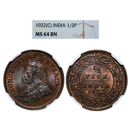 George V, Bronze, 1/2 Pice, 1922, Calcutta Mint, No mint mark. GK 1208. NGC Slabbed MS 64 