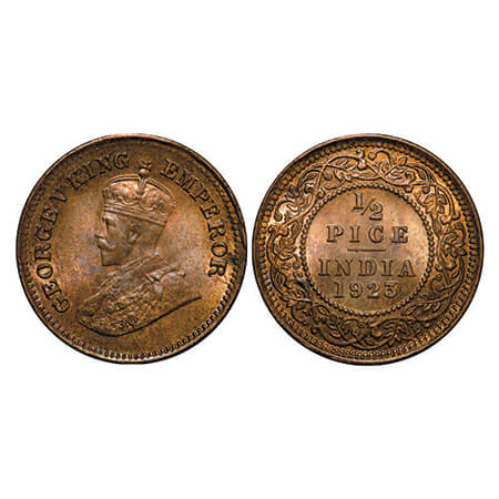 George V, Bronze, 1/2 Pice, 1923, Calcutta Mint, No mint mark. GK 1209. Uncirculated. Scar