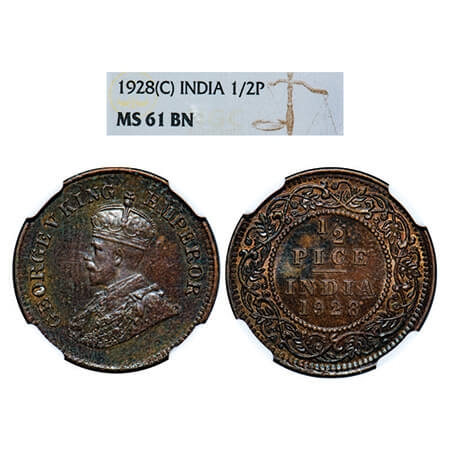 George V, Bronze, 1/2 Pice, 1928, Calcutta Mint, No mint mark. GK 1214. NGC Slabbed MS 61 