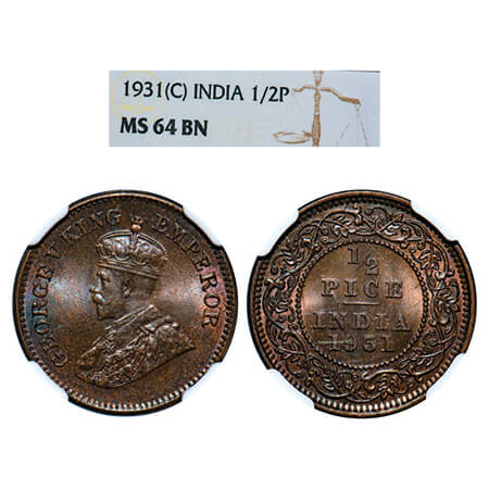 George V, Bronze, 1/2 Pice, 1931, Calcutta Mint, No mint mark. GK 1217. NGC Slabbed MS 64 