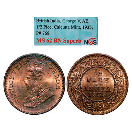 George V, Bronze, 1/2 Pice, 1935, Calcutta Mint, No mint mark. GK 1229. NGS Slabbed MS 62 