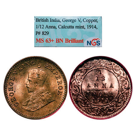 George V, Bronze, 1/12 Anna, 1914, Calcutta Mint, No dot. GK1225. NGS Slabbed MS 63+ BN Br