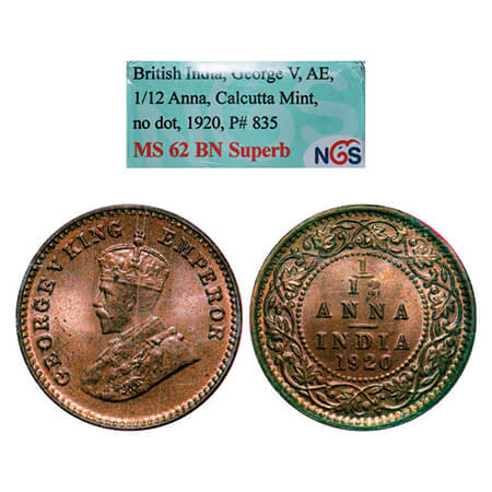 George V, Bronze, 1/12 Anna, 1920, Calcutta Mint, No dot. GK1231. NGS Slabbed MS 62 BN Sup